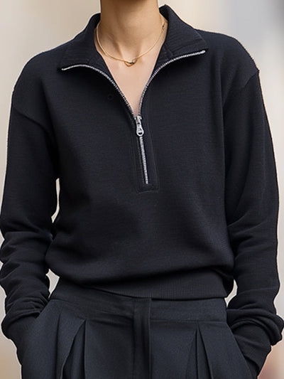 Jade - Minimalist Half-Zip Pullover And Wide-Leg Pleated Trousers Set