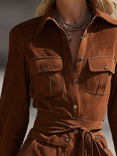 Valentina - Chocolate Brown Suede Fabric Jacket And Shorts Ensemble