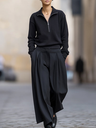 Jade - Minimalist Half-Zip Pullover And Wide-Leg Pleated Trousers Set